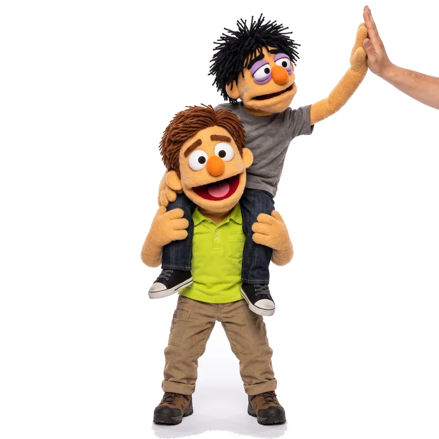 Two puppets high-fiving