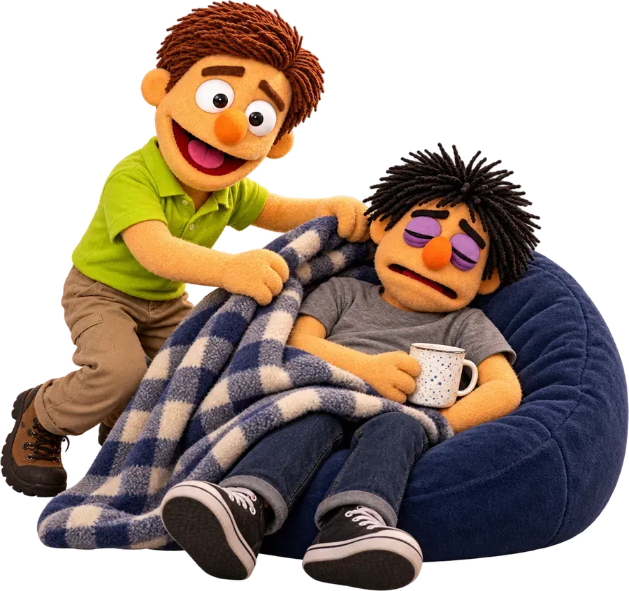 Two puppets relaxing, one on a beanbag with a coffee
