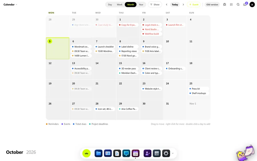 The OIO calendar for a month with ticket due dates, project deadlines and events