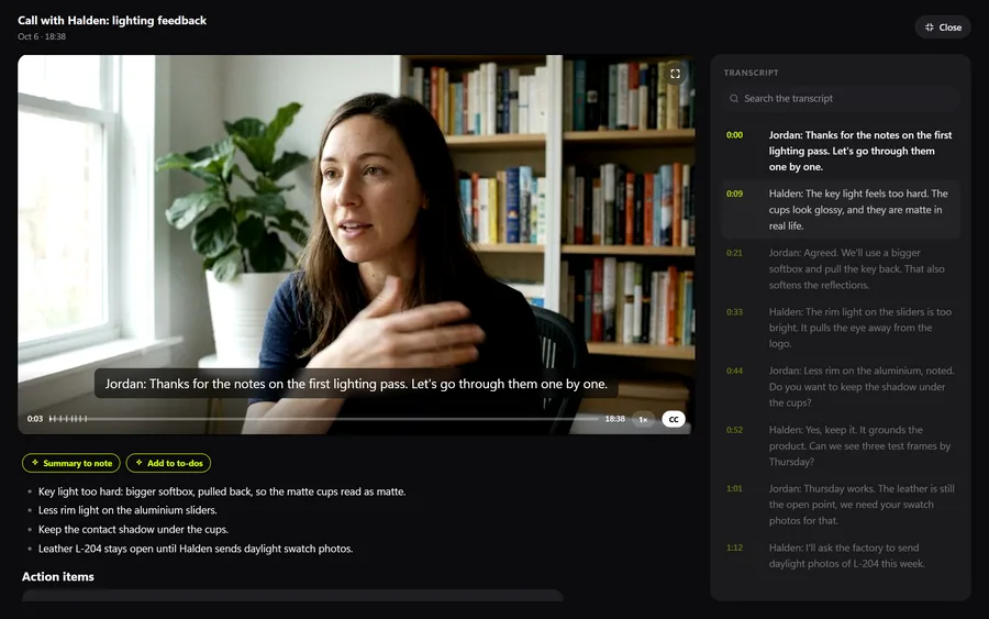 A recorded client feedback call in OIO with its transcript and a summary of the notes