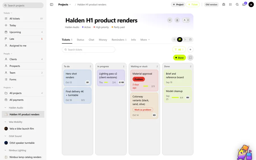 An OIO kanban board with tickets in columns by status