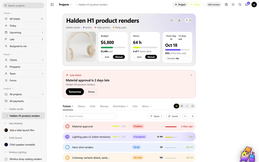 An OIO project page for a product render job with the budget, what is paid, the hours and the deadline
