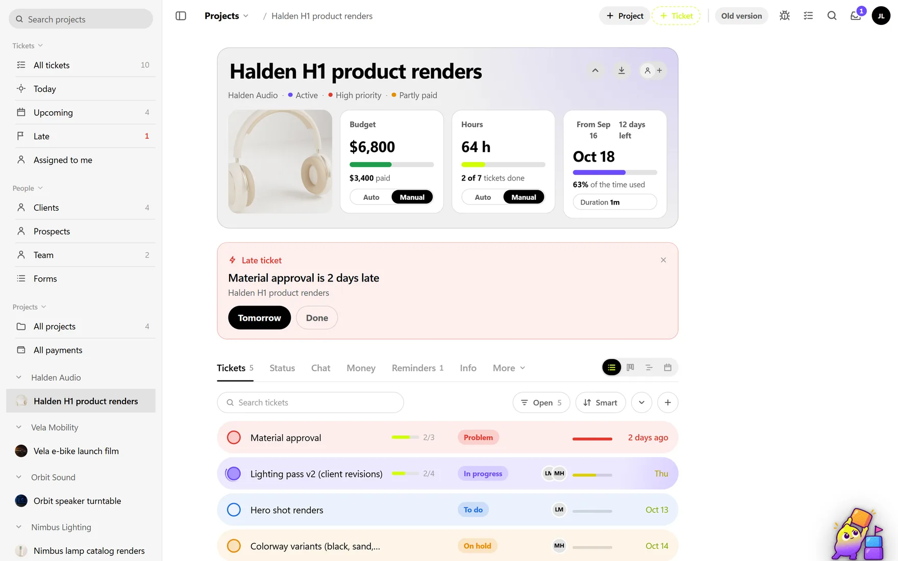 An OIO project page for a product render job: budget $6,800 with $3,400 paid, 64 hours, deadline Oct 18 with 12 days left, and a late ticket on top