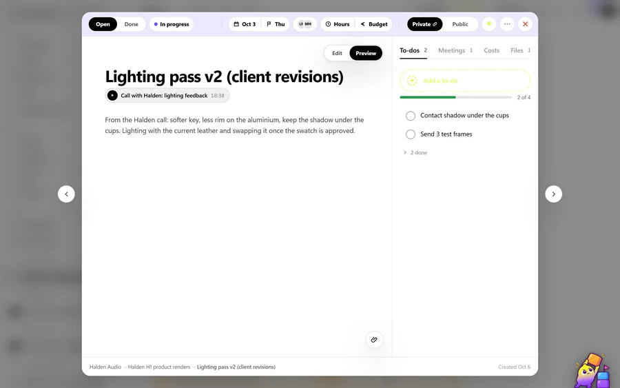 A ticket with its client call attached, its notes and a to-do list