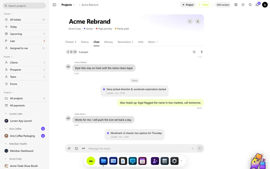 An OIO project's team chat with messages and project updates
