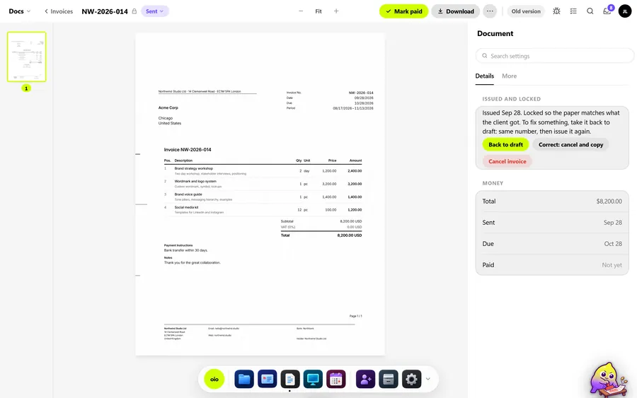 An issued invoice with its total, sent date, due date and paid status