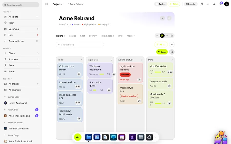 An OIO kanban board for a rebrand project with tickets for wordmark, brand voice and guidelines