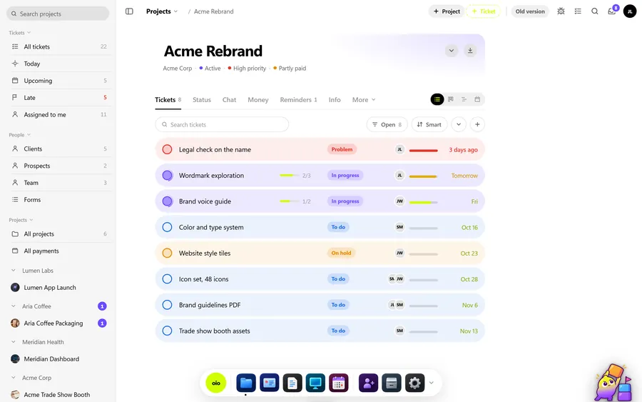 An OIO project with its tickets in a list, each with a status, an assignee and a due date