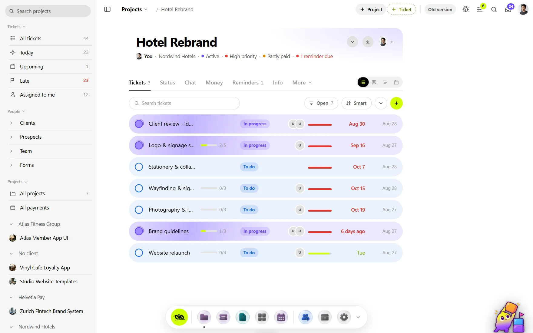 A client job in OIO: its tickets, status, chat, money and reminders on one page