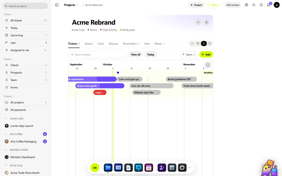 An OIO timeline with tickets laid out against dates
