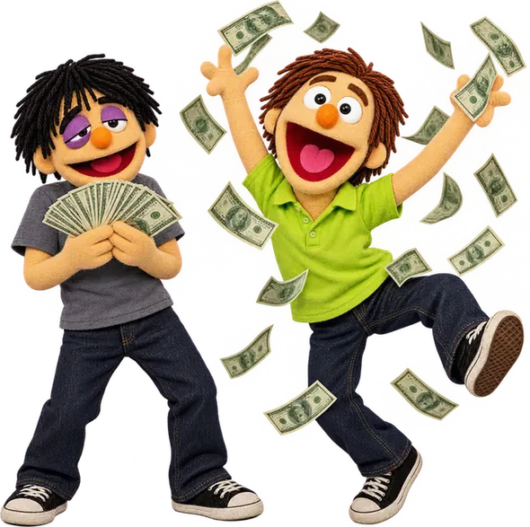 Hank fanning a stack of dollar bills while Walt throws more in the air