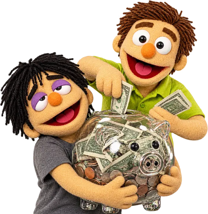 Hank and Walt hugging a glass piggy bank full of cash